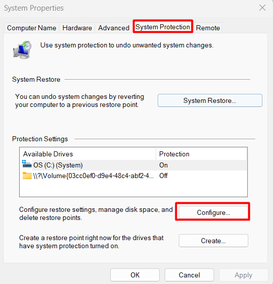 System Properties - System Protection Tab