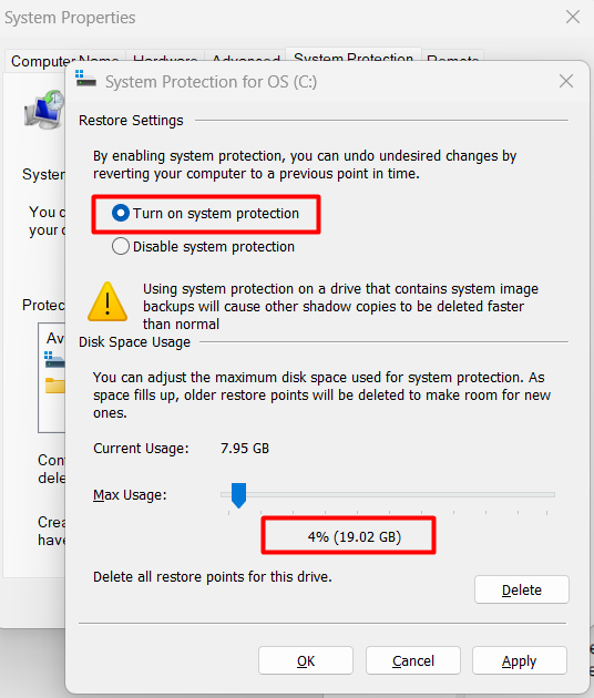 System Protection for OS (C:) - Turn on system protection