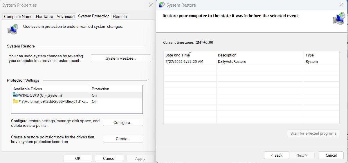 System Restore Window with DailyAutoRestore Point