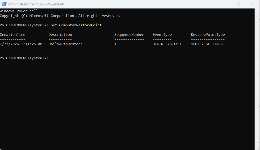 Windows PowerShell Get-ComputerRestorePoint Output
